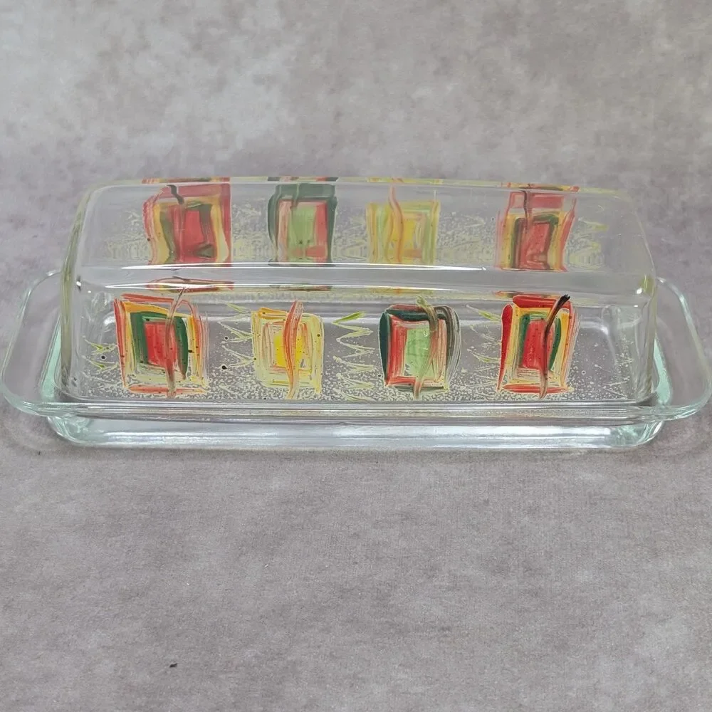 Vintage Mid Century Hand Painted Glass Butter Dish Covered Lid Abstract Art